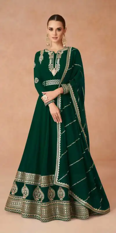 Dark Green Faux Georgette With Embroidery Work Anarkali Gown | Gowns, Bollywood Gowns, Creative Gowns, Designer Gowns, Embroidered Gowns, Party Wear Gowns, Straight Suits