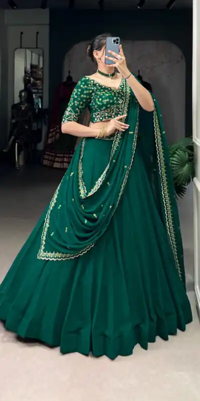 Dark Green Georgette Embroidery Work Lehenga Choli | Lehenga, Bollywood Lehenga, Creative Lehenga, Designer Lehenga, Embroidered Lehenga, Party Wear Lehenga