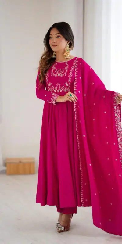 Dark Pink Roman Chanderi Silk Bead Work Salwar Suit | Jump Suits, Salwar suit, Casual Suits, Creative suits, Designer Suits, Palazzo Suits, Party Wear Suits, Patiala Suits, Straight Suits
