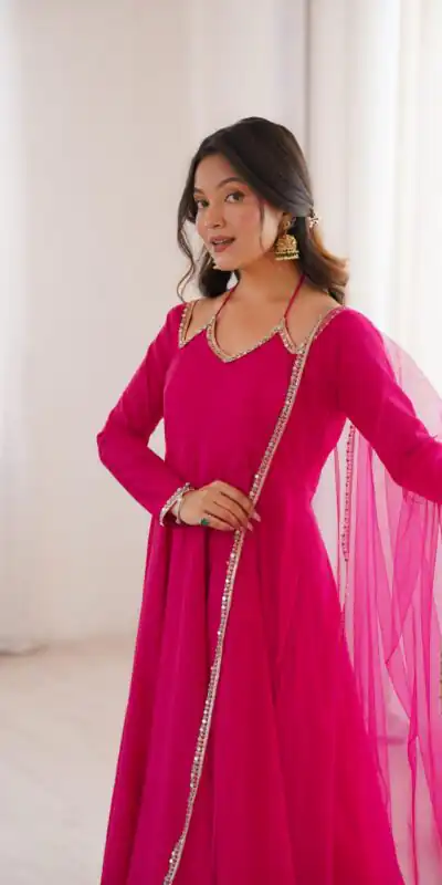 Dark Pink Soft Nylon Net Mirror Lace Work Anarkali Suit | Anarkali Suits, Bollywood Anarkali, Creative-Anarkali, Designer Anarkali, Embroidered Anarkali, Party Wear Anarkali