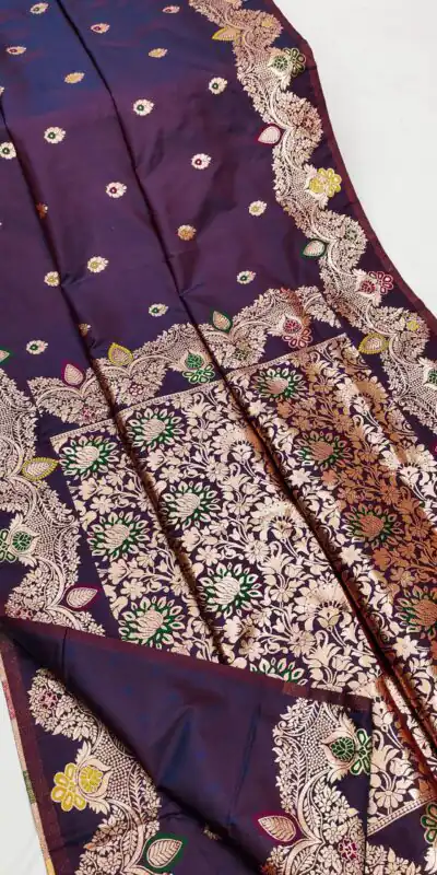 Dark Purple Banarasi Lace Work Gold Zari Border Saree | Sarees, Bollywood Sarees, Creative Sarees, Designer Sarees, Embroidered Sarees, Ethnic Saree, Modern Digital sarees, Party Wear Sarees
