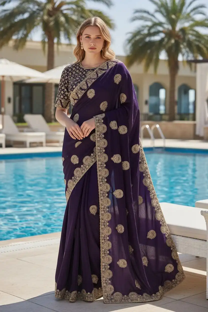 Dark Purple Fandy Satin Silk Embroidery Zari Work Saree | Sarees, Bollywood Sarees, Creative Sarees, Designer Sarees, Embroidered Sarees, Ethnic Saree, Modern Digital sarees, Party Wear Sarees