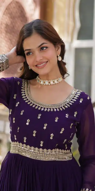 Dark Purple Faux Blooming Embroidery Zari Work Gown | Gowns, Bollywood Gowns, Creative Gowns, Designer Gowns, Embroidered Gowns, Party Wear Gowns
