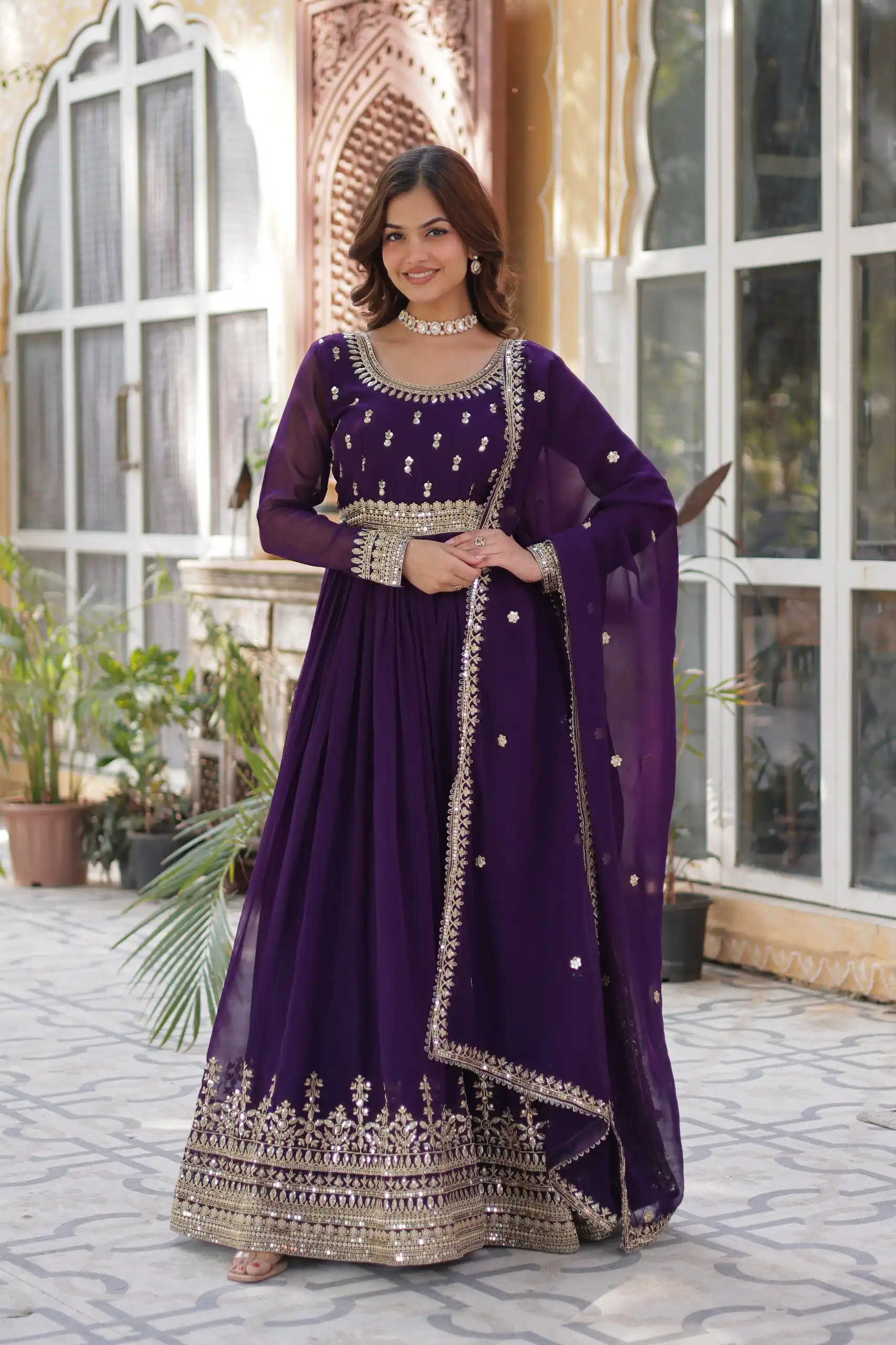 Dark Purple Faux Blooming Embroidery Zari Work Gown | Gowns, Bollywood Gowns, Creative Gowns, Designer Gowns, Embroidered Gowns, Party Wear Gowns