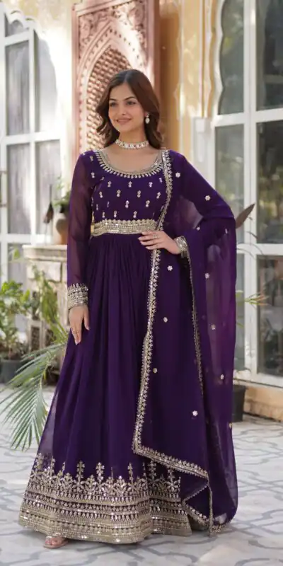 Dark Purple Faux Blooming Embroidery Zari Work Gown | Gowns, Bollywood Gowns, Creative Gowns, Designer Gowns, Embroidered Gowns, Party Wear Gowns