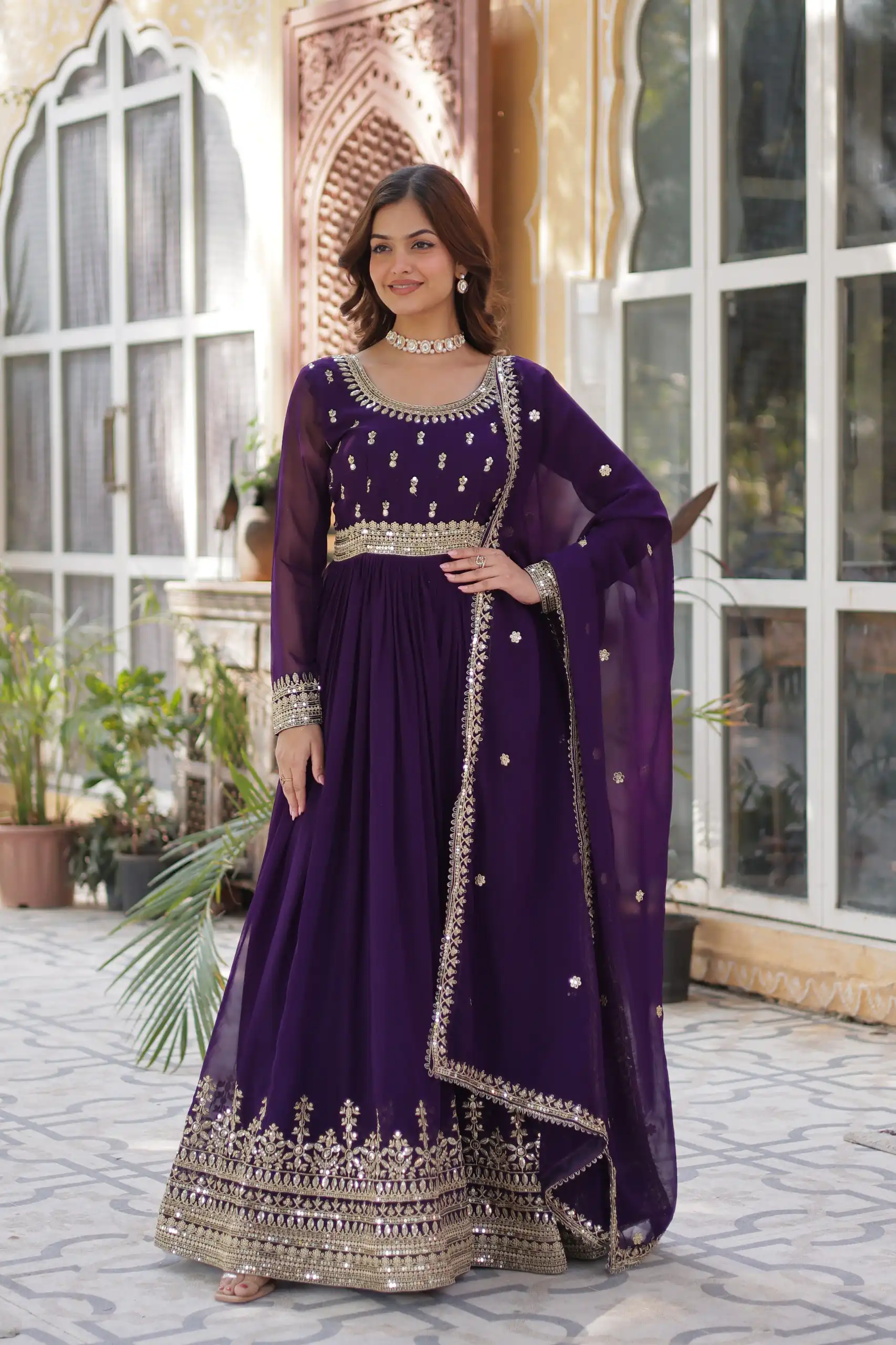 Dark Purple Faux Blooming Embroidery Zari Work Gown | Gowns, Bollywood Gowns, Creative Gowns, Designer Gowns, Embroidered Gowns, Party Wear Gowns