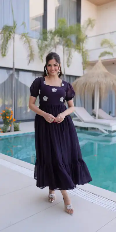 Dark Purple Fendi Silk Embroidery Bead Work Gown | Gowns, Bollywood Gowns, Creative Gowns, Designer Gowns, Embroidered Gowns, Party Wear Gowns