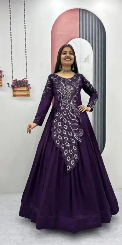 Dark Purple Vichitra Silk Embroider Sequins Work Gown | Gowns, Bollywood Gowns, Creative Gowns, Designer Gowns, Embroidered Gowns, Party Wear Gowns