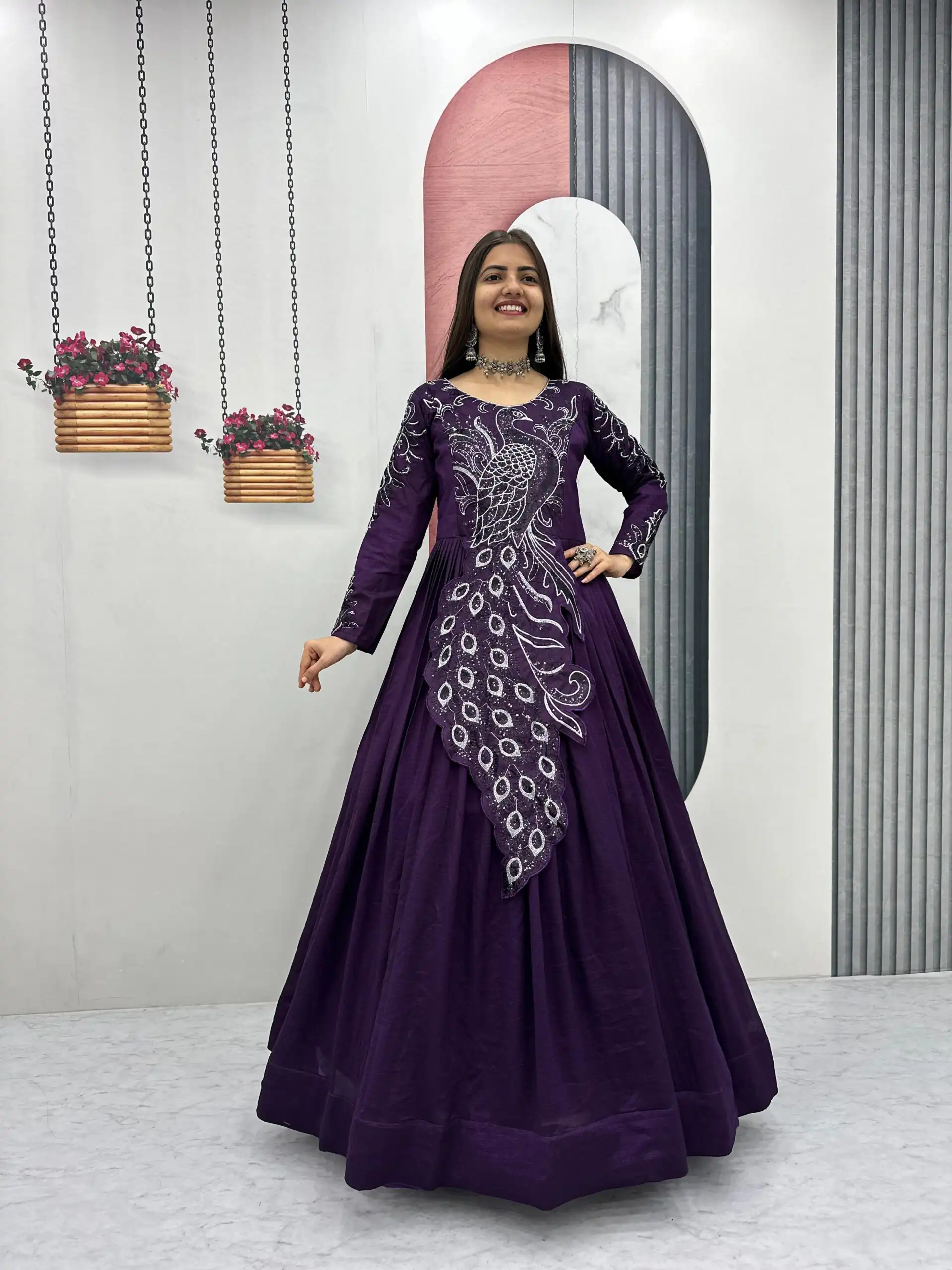 Dark Purple Vichitra Silk Embroider Sequins Work Gown | Gowns, Bollywood Gowns, Creative Gowns, Designer Gowns, Embroidered Gowns, Party Wear Gowns