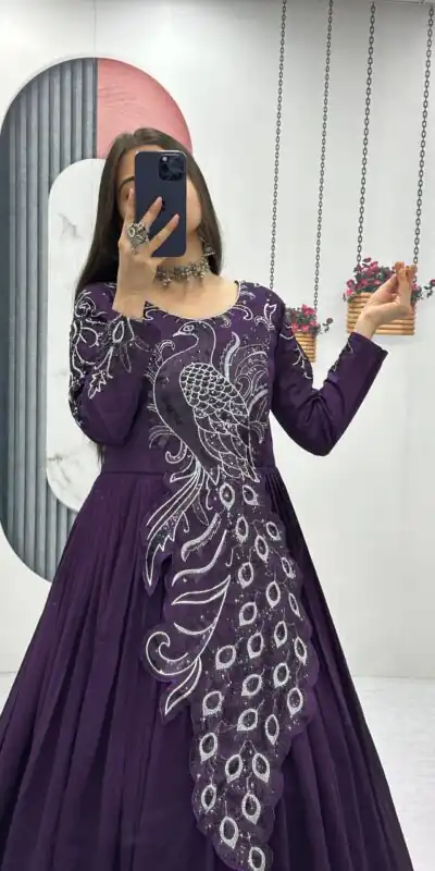 Dark Purple Vichitra Silk Embroider Sequins Work Gown | Gowns, Bollywood Gowns, Creative Gowns, Designer Gowns, Embroidered Gowns, Party Wear Gowns