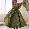 Elegant Mehendi Roman Silk Embroidery Work Gown | Gowns, Bollywood Gowns, Creative Gowns, Designer Gowns, Embroidered Gowns, Party Wear Gowns