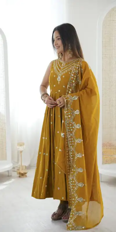 Elegant Mustered Roman Silk Embroidery Work Gown | Gowns, Bollywood Gowns, Creative Gowns, Designer Gowns, Embroidered Gowns, Party Wear Gowns
