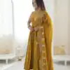 Elegant Mustered Roman Silk Embroidery Work Gown | Gowns, Bollywood Gowns, Creative Gowns, Designer Gowns, Embroidered Gowns, Party Wear Gowns