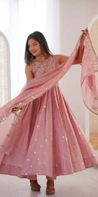 Elegant Pink Roman Silk Embroidery Work Gown | Gowns, Bollywood Gowns, Creative Gowns, Designer Gowns, Embroidered Gowns, Party Wear Gowns