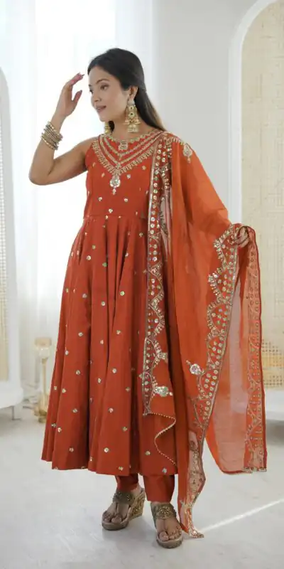Elegant Rust Roman Silk Embroidery Work Gown | Gowns, Bollywood Gowns, Creative Gowns, Designer Gowns, Embroidered Gowns, Party Wear Gowns