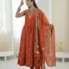 Elegant Rust Roman Silk Embroidery Work Gown | Gowns, Bollywood Gowns, Creative Gowns, Designer Gowns, Embroidered Gowns, Party Wear Gowns