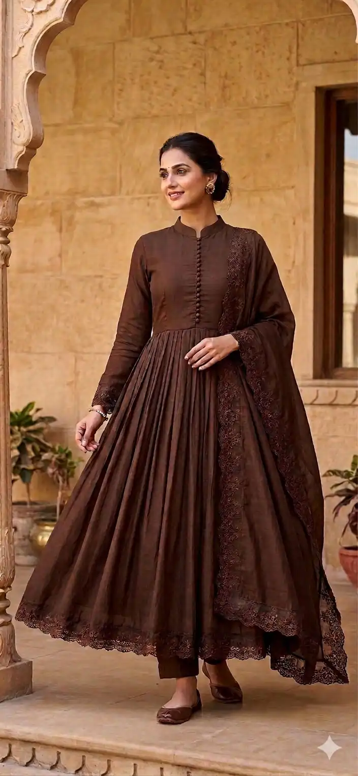 VLM 337 Brown Roman Silk Gown Perfect for Wedding, Party, Ethnic Day, Haldi, Diwali – . Festive Deal ₹2099. Delivery 4-6 Working Days. Shop now. | Gowns, Bollywood Gowns, Creative Gowns, Designer Gowns, Embroidered Gowns, Party Wear Gowns