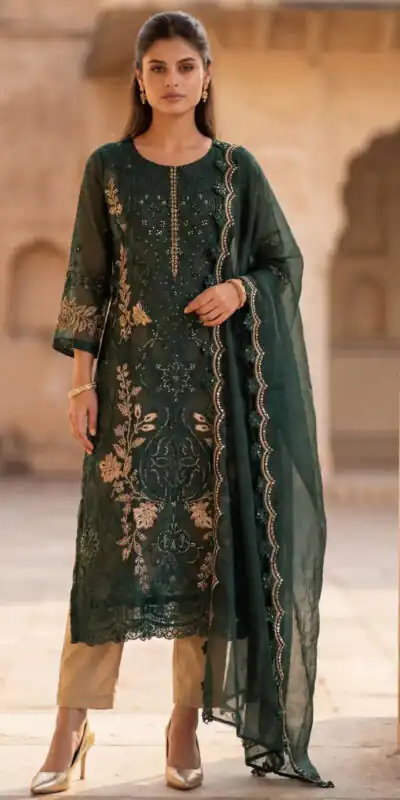 FC 1220 Green Crunchy Salwar Suit with Embroidery Work. Wedding, Party, Festive, Events Grab it for ₹2149. Delivery 4-6 Working Days. Shop now. | Jump Suits, Salwar suit, Casual Suits, Creative suits, Designer Suits, Palazzo Suits, Party Wear Suits, Patiala Suits, Straight Suits