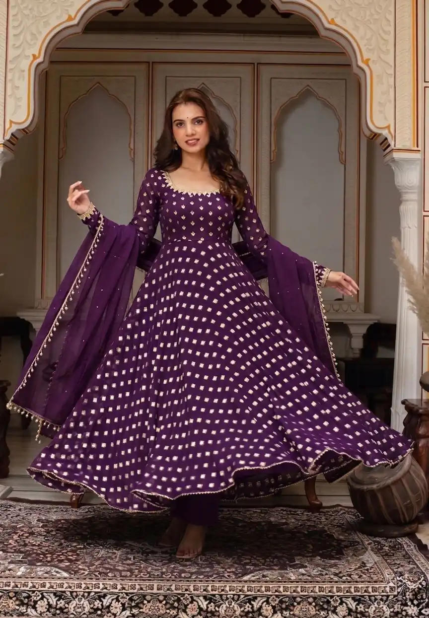 SRK 5347 Wine Chanderi Jacquard Butti Salwar Suit with Mirror Work & Lace Work. Festive Deal ₹2149. Delivery 4-6 Working Days. Shop now. | Anarkali Suits, Bollywood Anarkali, Creative-Anarkali, Designer Anarkali, Embroidered Anarkali, Party Wear Anarkali