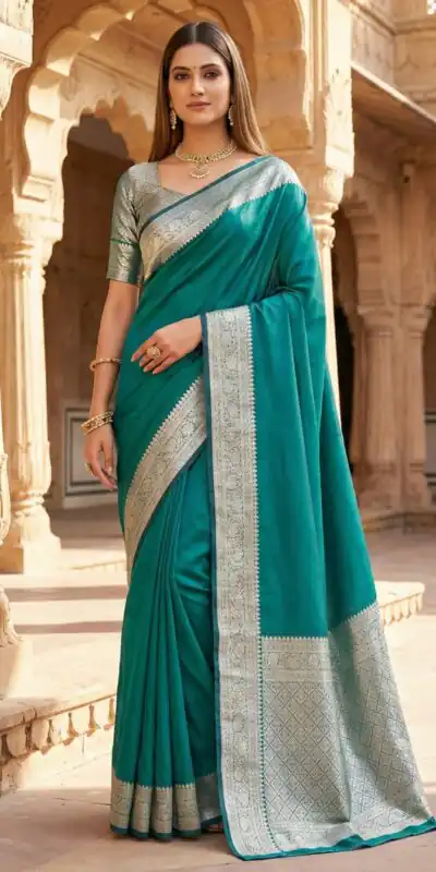 Firozi Banarasi Gala Silk Gold Zari Work Saree | Sarees, Bollywood Sarees, Creative Sarees, Designer Sarees, Embroidered Sarees, Ethnic Saree, Modern Digital sarees, Party Wear Sarees