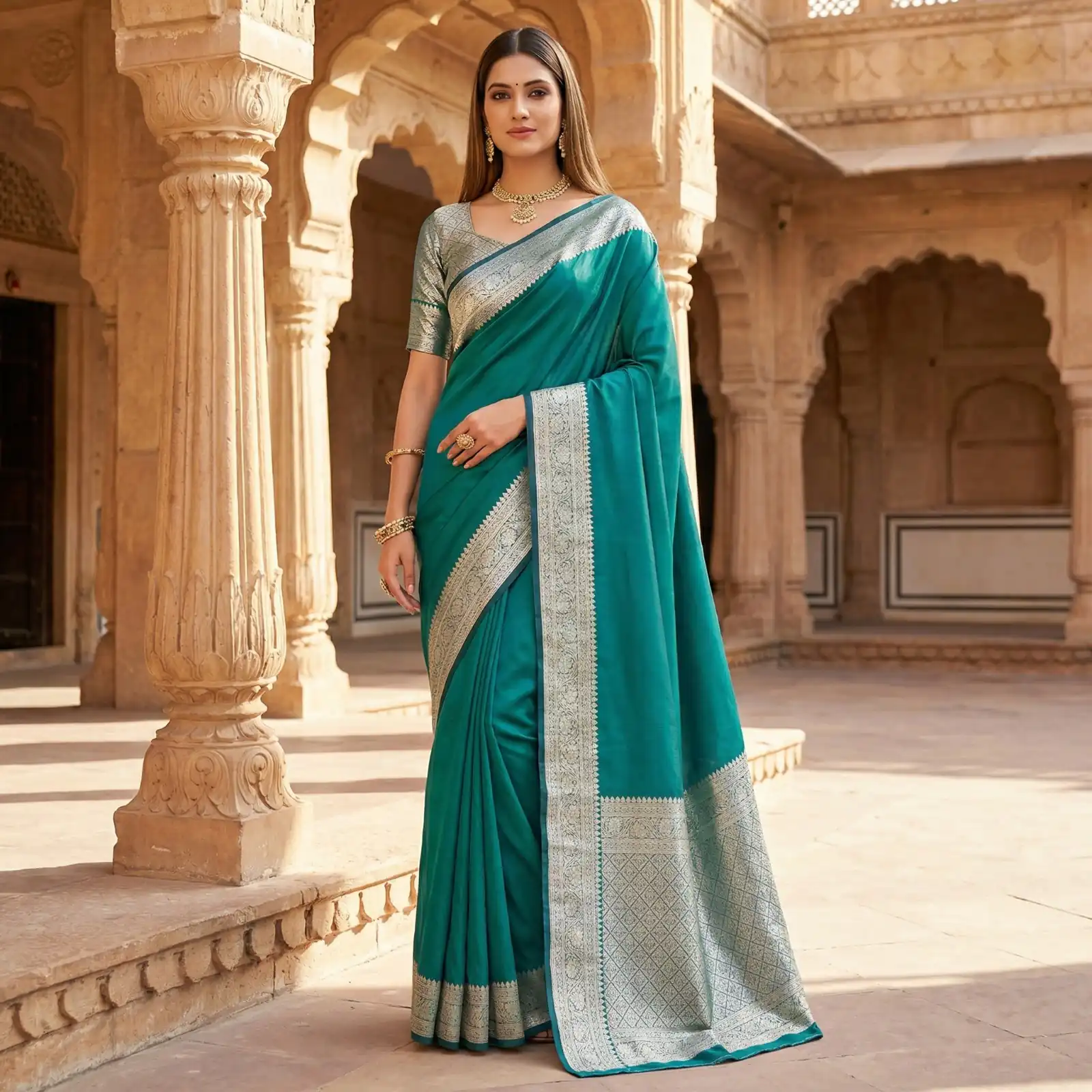 Firozi Banarasi Gala Silk Gold Zari Work Saree | Sarees, Bollywood Sarees, Creative Sarees, Designer Sarees, Embroidered Sarees, Ethnic Saree, Modern Digital sarees, Party Wear Sarees