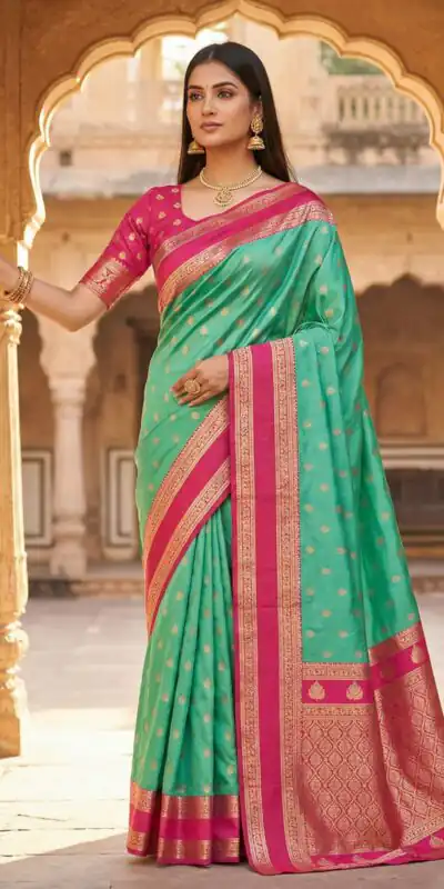 Firozi Banarasi Gold Zari Work Saree | Sarees, Bollywood Sarees, Creative Sarees, Designer Sarees, Embroidered Sarees, Ethnic Saree, Modern Digital sarees, Party Wear Sarees