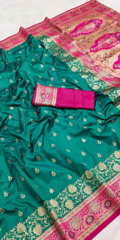 Firozi Banarasi Silk Gold Zari Border Saree | Sarees, Bollywood Sarees, Creative Sarees, Designer Sarees, Embroidered Sarees, Ethnic Saree, Modern Digital sarees, Party Wear Sarees