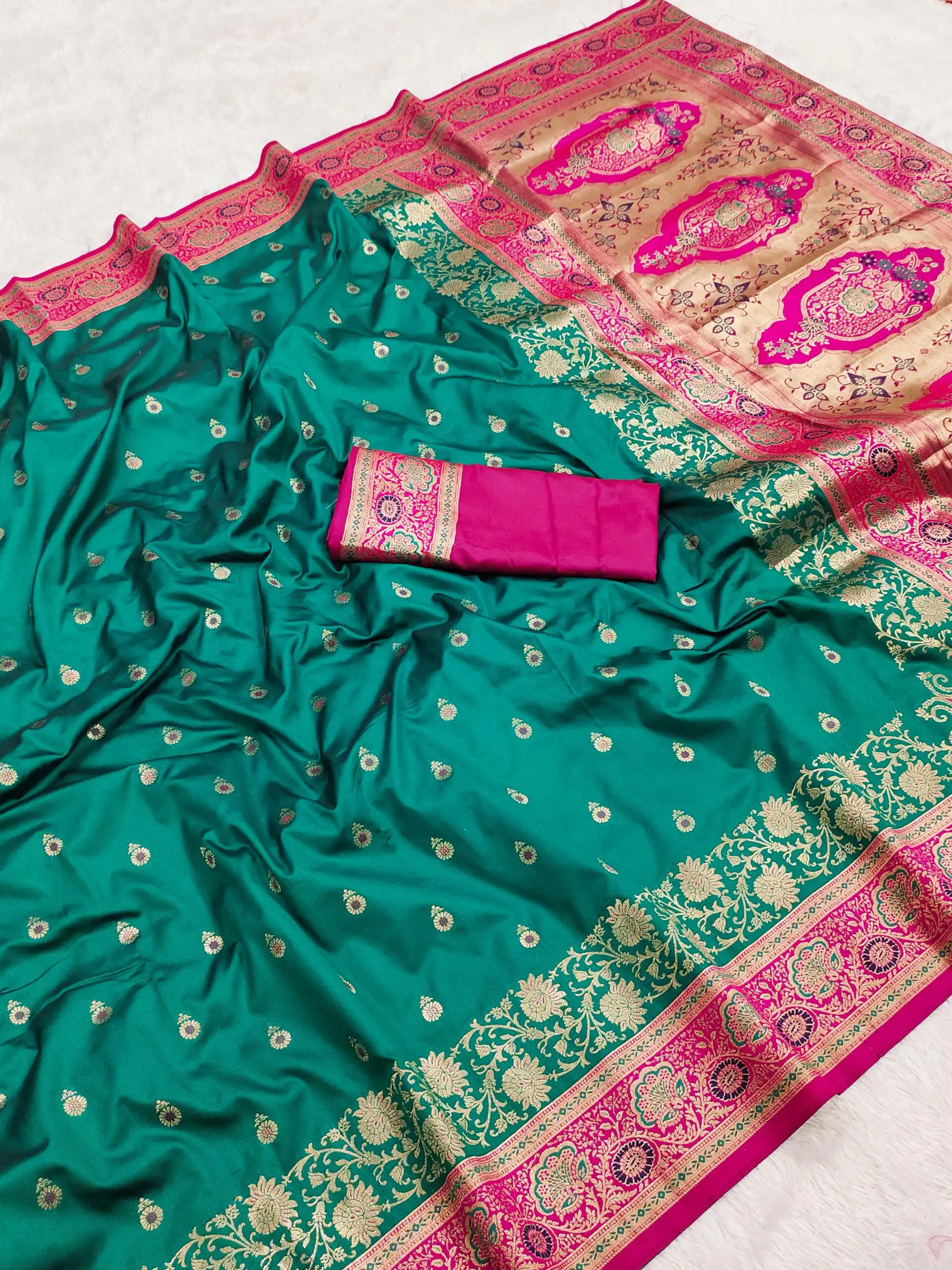 Firozi Banarasi Silk Gold Zari Border Saree | Sarees, Bollywood Sarees, Creative Sarees, Designer Sarees, Embroidered Sarees, Ethnic Saree, Modern Digital sarees, Party Wear Sarees