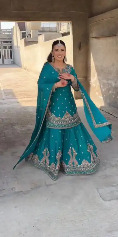 Firozi Chinon Silk Embroidery Work Salwar Suit | Jump Suits, Salwar suit, Casual Suits, Creative suits, Designer Suits, Palazzo Suits, Party Wear Suits, Patiala Suits, Straight Suits