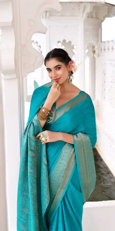 Firozi Chinon Zari Work Saree | Sarees, Bollywood Sarees, Creative Sarees, Designer Sarees, Embroidered Sarees, Ethnic Saree, Modern Digital sarees, Party Wear Sarees