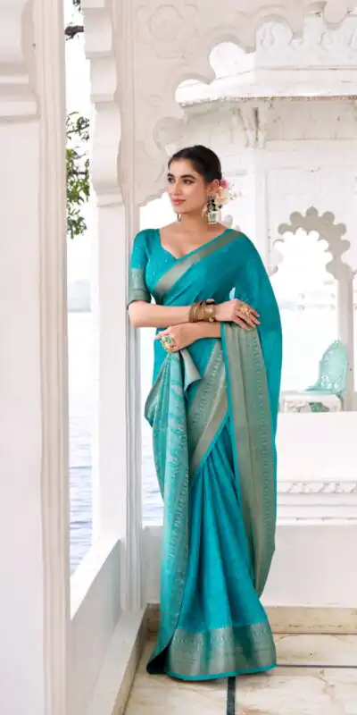 Firozi Chinon Zari Work Saree | Sarees, Bollywood Sarees, Creative Sarees, Designer Sarees, Embroidered Sarees, Ethnic Saree, Modern Digital sarees, Party Wear Sarees
