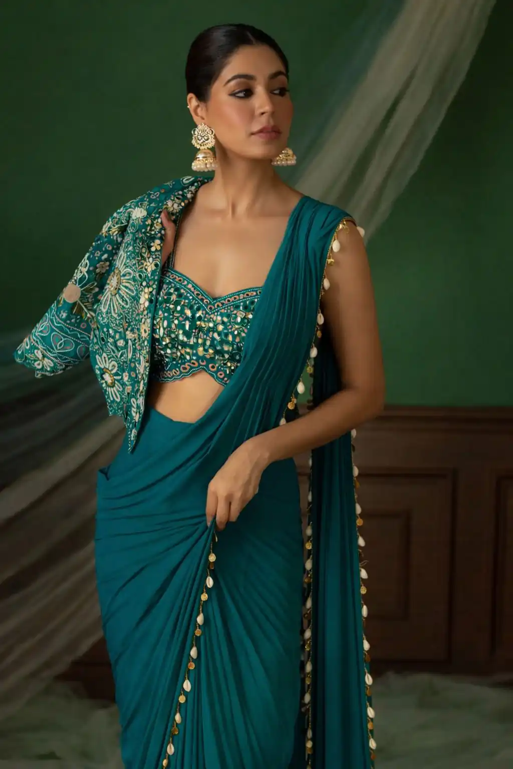 Firozi Crap Silk Embroidery Lace Work Saree | Sarees, Bollywood Sarees, Creative Sarees, Designer Sarees, Embroidered Sarees, Ethnic Saree, Modern Digital sarees, Party Wear Sarees