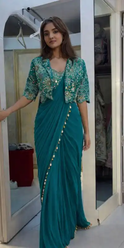 Firozi Crap Silk Embroidery Lace Work Saree | Sarees, Bollywood Sarees, Creative Sarees, Designer Sarees, Embroidered Sarees, Ethnic Saree, Modern Digital sarees, Party Wear Sarees
