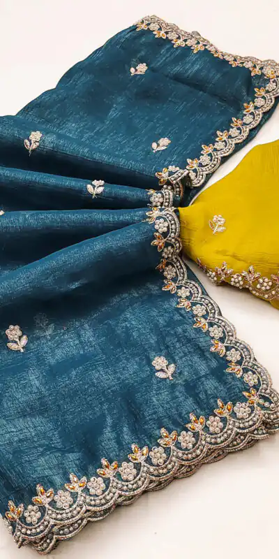 Firozi Crunchy Chiffon Embroidery Work Saree | Sarees, Bollywood Sarees, Creative Sarees, Designer Sarees, Embroidered Sarees, Ethnic Saree, Modern Digital sarees, Party Wear Sarees
