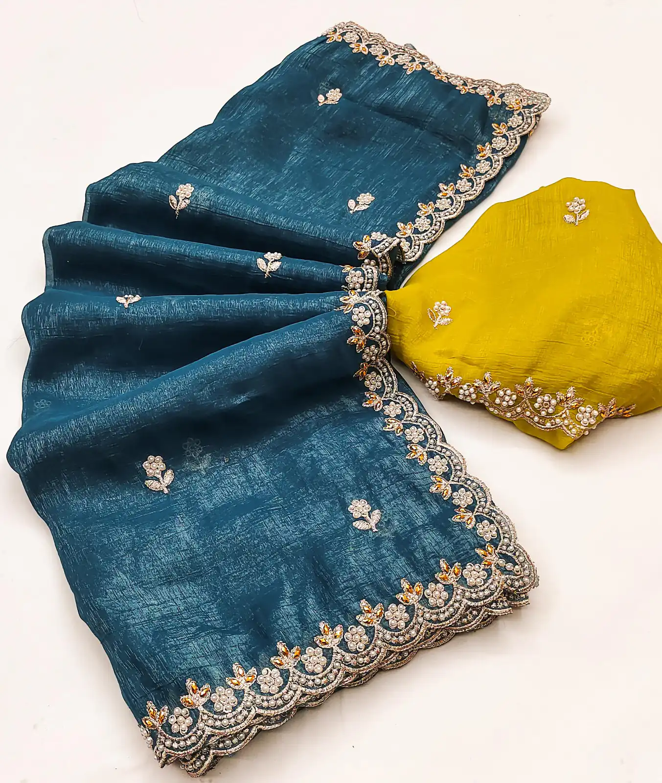 Firozi Crunchy Chiffon Embroidery Work Saree | Sarees, Bollywood Sarees, Creative Sarees, Designer Sarees, Embroidered Sarees, Ethnic Saree, Modern Digital sarees, Party Wear Sarees