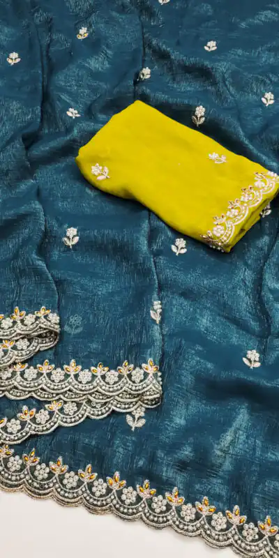 Firozi Crunchy Chiffon Embroidery Work Saree | Sarees, Bollywood Sarees, Creative Sarees, Designer Sarees, Embroidered Sarees, Ethnic Saree, Modern Digital sarees, Party Wear Sarees