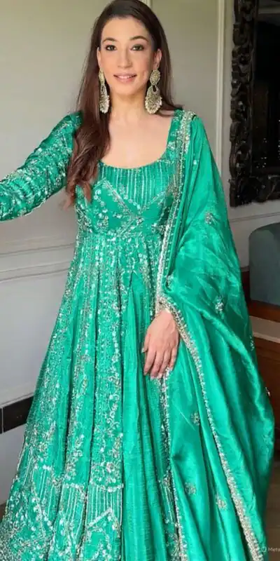 Firozi Crunchy Silk Lace Embroidery Work Gown | Gowns, Bollywood Gowns, Creative Gowns, Designer Gowns, Embroidered Gowns, Party Wear Gowns