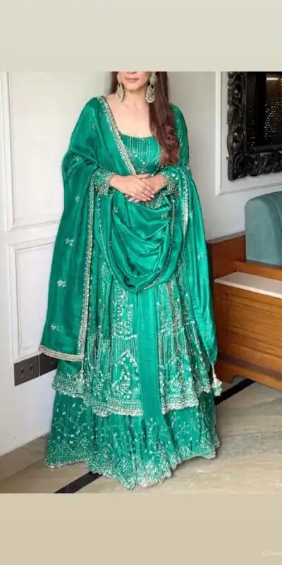 Firozi Crunchy Silk Lace Embroidery Work Gown | Gowns, Bollywood Gowns, Creative Gowns, Designer Gowns, Embroidered Gowns, Party Wear Gowns