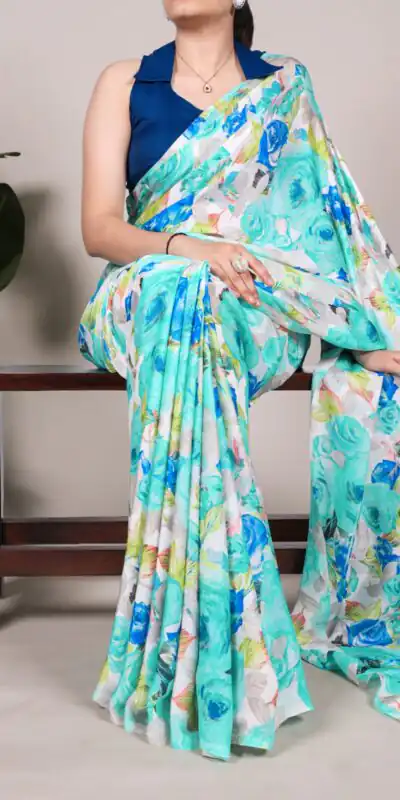 Firozi Dull Satin Printed Saree | Sarees, Bollywood Sarees, Creative Sarees, Designer Sarees, Embroidered Sarees, Ethnic Saree, Modern Digital sarees, Party Wear Sarees