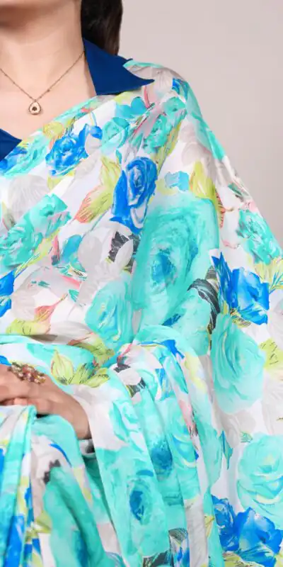Firozi Dull Satin Printed Saree | Sarees, Bollywood Sarees, Creative Sarees, Designer Sarees, Embroidered Sarees, Ethnic Saree, Modern Digital sarees, Party Wear Sarees