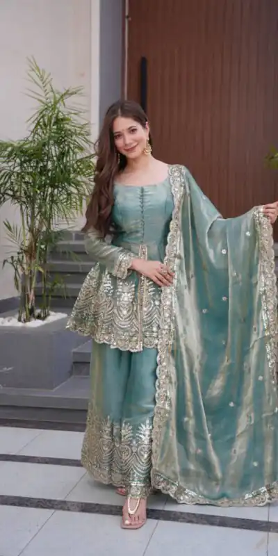 Firozi Fendy Satin Silk Embroidery Mirror Work Gown | Lehenga, Bollywood Lehenga, Creative Lehenga, Designer Lehenga, Embroidered Lehenga, Party Wear Lehenga