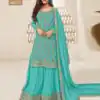 Firozi Jacquard Silk Chinon Multi Work Salwar Suit | Jump Suits, Salwar suit, Casual Suits, Creative suits, Designer Suits, Palazzo Suits, Party Wear Suits, Patiala Suits, Straight Suits