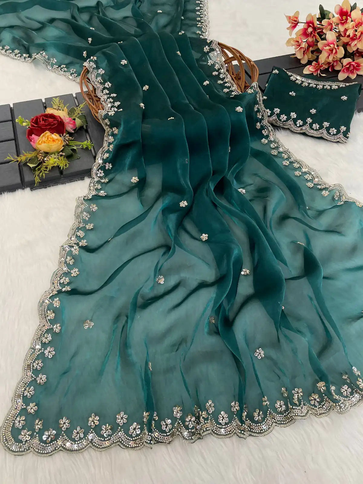 Firozi Jimmy Chou Silk Embroidery Work Saree | Sarees, Bollywood Sarees, Creative Sarees, Designer Sarees, Embroidered Sarees, Ethnic Saree, Modern Digital sarees, Party Wear Sarees