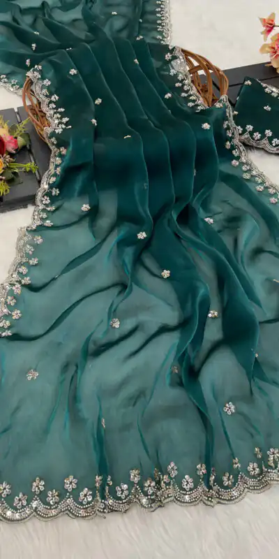 Firozi Jimmy Chou Silk Embroidery Work Saree | Sarees, Bollywood Sarees, Creative Sarees, Designer Sarees, Embroidered Sarees, Ethnic Saree, Modern Digital sarees, Party Wear Sarees