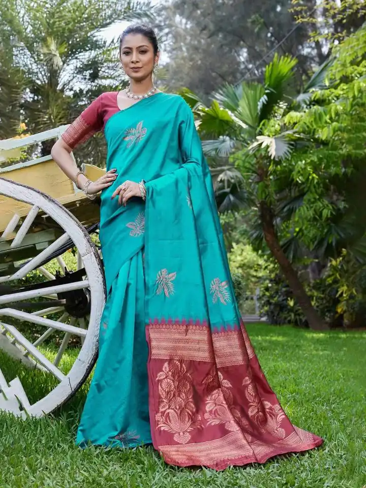 Firozi Lichi Silk Lace Border Saree | Sarees, Bollywood Sarees, Creative Sarees, Designer Sarees, Embroidered Sarees, Ethnic Saree, Modern Digital sarees, Party Wear Sarees