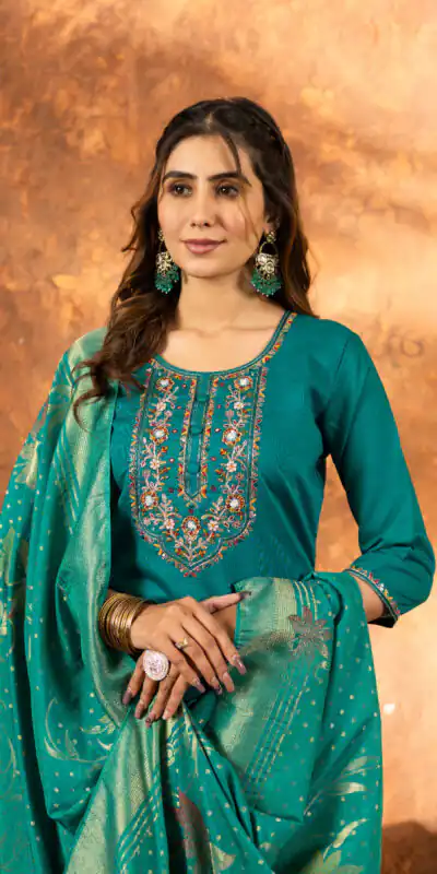Firozi Marina Silk Embroidery Work Salwar Suit | Jump Suits, Salwar suit, Casual Suits, Creative suits, Designer Suits, Palazzo Suits, Party Wear Suits, Patiala Suits, Straight Suits