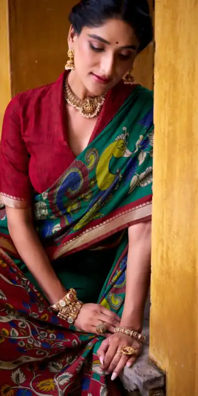 Firozi Polyester Kalamkari Saree | Sarees, Bollywood Sarees, Creative Sarees, Designer Sarees, Embroidered Sarees, Ethnic Saree, Modern Digital sarees, Party Wear Sarees