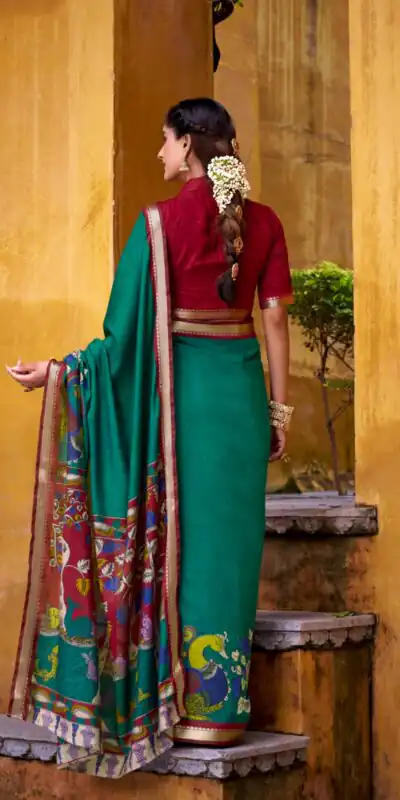 Firozi Polyester Kalamkari Saree | Sarees, Bollywood Sarees, Creative Sarees, Designer Sarees, Embroidered Sarees, Ethnic Saree, Modern Digital sarees, Party Wear Sarees