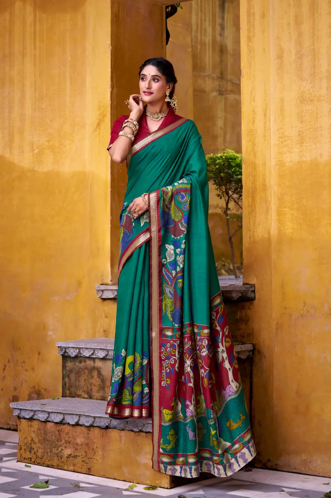 Firozi Polyester Kalamkari Saree | Sarees, Bollywood Sarees, Creative Sarees, Designer Sarees, Embroidered Sarees, Ethnic Saree, Modern Digital sarees, Party Wear Sarees
