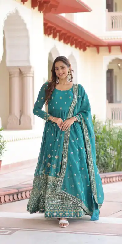 Firozi Silver Crunchy Embroidery Work Gown | Gowns, Bollywood Gowns, Creative Gowns, Designer Gowns, Embroidered Gowns, Party Wear Gowns